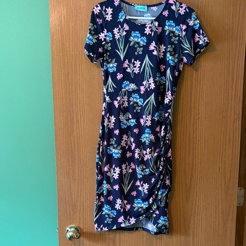 Floral Print Midi Dress - Navy with Pink & Blue Flowers